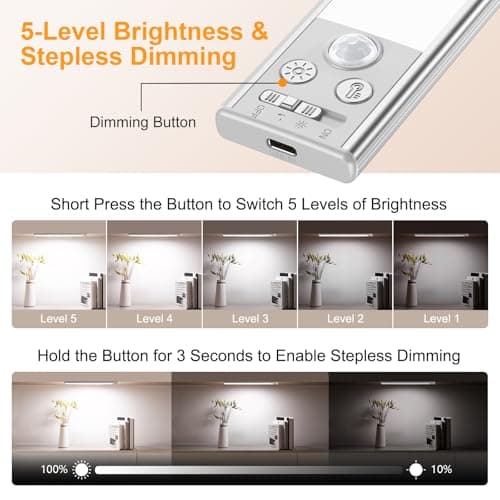 Gritin 14.7inch Under Cabinet Lighting Rechargeable 2 Pack- 3 Color Temps&5 Level Brightness, Super Bright, 4 Modes, Motion Sensor, Long Lasting - Easy Installation Magnetic Under Closet Lights-Silver thumbnail 5