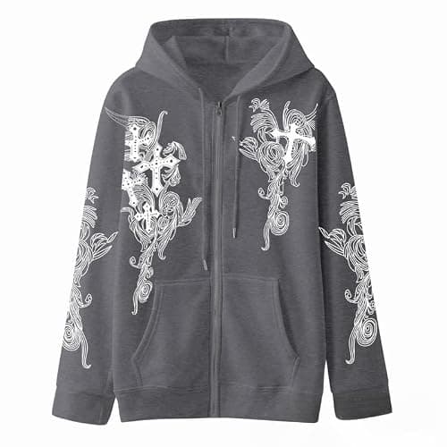 Women Men Y2K Zip Up Oversized Hoodie Gothic cross Graphic Emo Grunge Baggy Fleece Jacket 90s Punk Streetwear thumbnail 4
