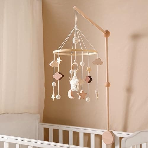 Baby Mobile for Crib, Wooden Baby Crib Mobile with Felt Ball Decor Wind Chime Bed Bell Cute Star Pendant Boho Hanging Decor Handmade Neutral Crib Bell for Kids Room Nursery Bedroom Type 2 - Type 2 thumbnail 6