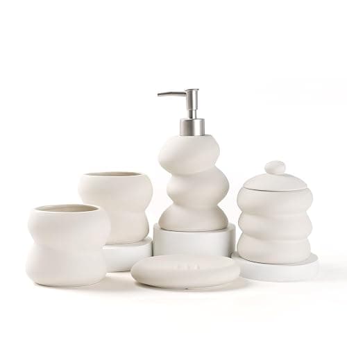 Bathroom Accessory Set 5PCS, Ceramic Bathroom Accessories Set, Irregular Shape Small Bathroom Sets Accessories Complete, Home Apartment Minimalist Decor Vanity Countertop, Beige, ANTIS'S HOME - Image 1