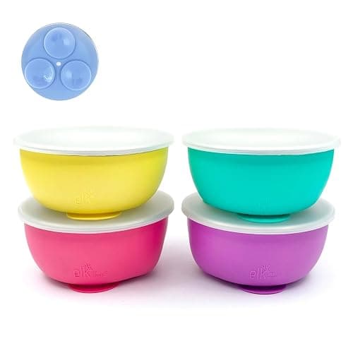 Elk and Friends Stainless Steel Bowls with Silicone Sleeve for Babies & Toddlers | Lids Included | Stay Put Suction | Cereal & Snack Bowls | 4 Pack - Image 1
