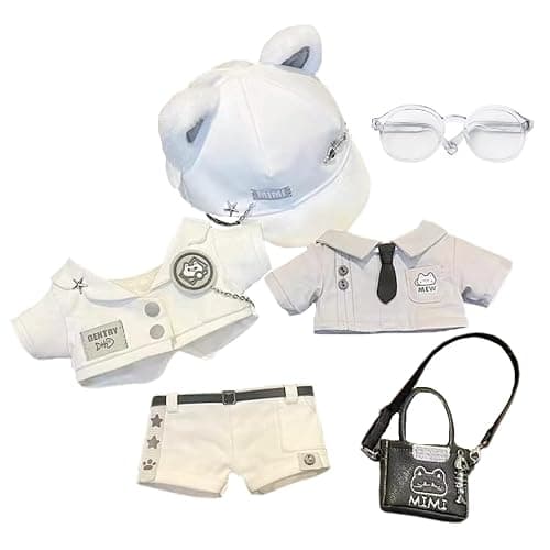 niannyyhouse 20cm Plush Doll Clothes Hat Coat Shirt Pants Backpack Glasses White Cat Set 8in Doll Accessories Dress Up - Image 1