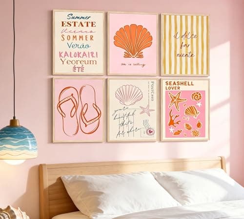 6 Pcs Coastal Style Poster Wall Art,Pink Orange Preppy Style Painting Picture Wall Decor,Beach Seashell and Starfish Canvas Print Artwork,for Bathroom Girl Room Dormitory Home Decoration Unframed thumbnail 5