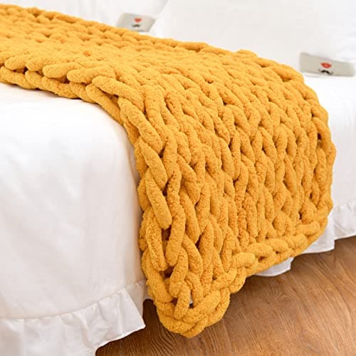 Chunky Knit Blanket Throw 40"*60", Hand Knitted Warm Chenille Throw Blanket, Home Decor Soft Thick Yarn Cable Knit Blanket,Soft Breathable Fleece Banket Christmas for Couch Bed Sofa Best Gift (Yellow) - Image 1