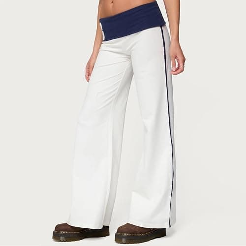 Yoawdats Fold Over Yoga Pants for Women Wide Leg Sweatpants Low Rise Flare Lounge Pant Bell Bottoms Y2K Foldover Pants thumbnail 4