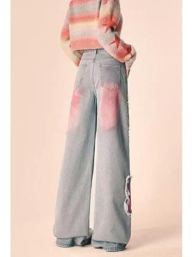 Y2K Baggy Jeans for Women High Waisted Wide Leg Patchwork Butterfly Print Denim Pants Streetwear Distressed Trousers thumbnail 3