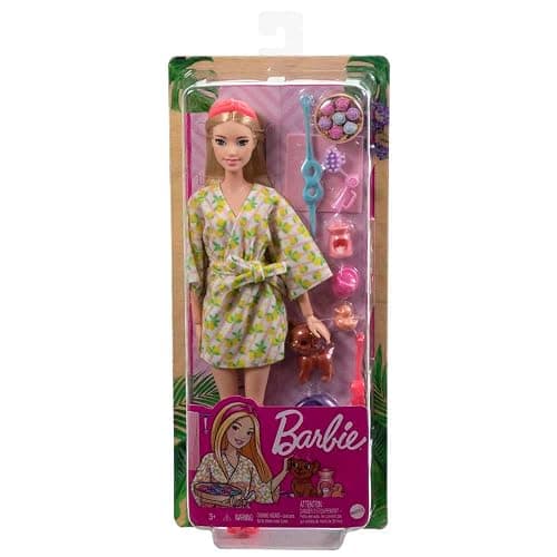 Barbie Doll, Kids Toys, Blonde Doll with Pet Puppy, Barbie Sets, Spa Day, Lemon Print Bathrobe, Headband and Eye Mask, Self-Care Series thumbnail 8