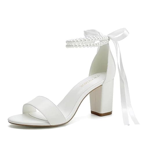 YWXYMGE Block Heel Wedding Shoes for Bride Women Chunky Heeled Sandals Pearl Bridal Shoes - Image 1