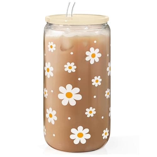 Daisy 16 Oz Can Glass Tumbler with Acrylic Lid and Straw - Iced Coffee Cups for Women, Aesthetic Glass Cup Gift for Birthday Christmas - Image 1