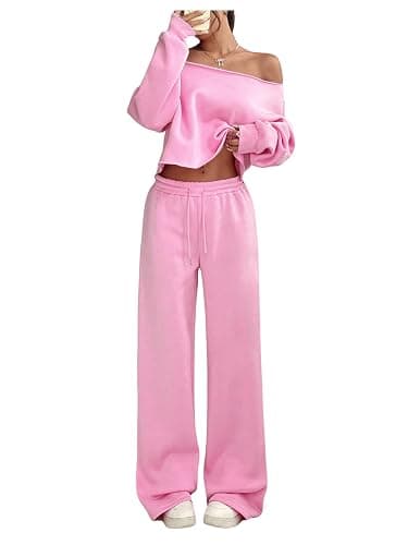 SOLY HUX Women's 2 Piece Outfits Fall Sweatsuits Off The Shoulder Crop Top Wide Leg Sweatpants Casual Matching Lounge Sets - Image 1