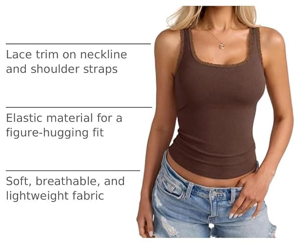 Eachyes Womens Lace Trim Cotton Ribbed Tank Tops Cute Scoop Neck Camisole | Fitted, Sleeveless Shirt, Going Out Cami Top, Stretch, Trendy Summer Outfit, Casual, Basic, Undershirt, Workout, Work Clothes thumbnail 4