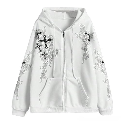 Women Men Y2K Zip Up Oversized Hoodie Gothic cross Graphic Emo Grunge Baggy Fleece Jacket 90s Punk Streetwear thumbnail 6
