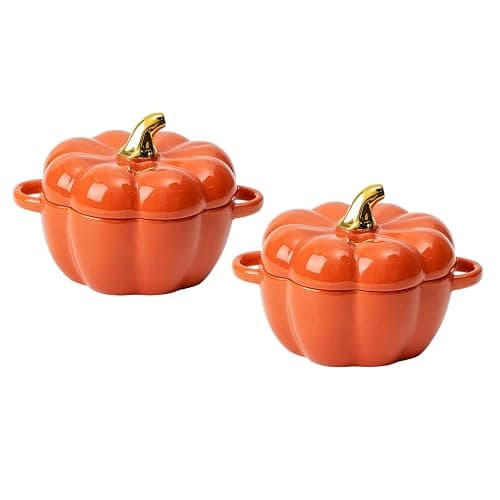 Pumpkin Bowl Set with Lid and Handle, Set of 2 Ceramic Ramekins for Baking, Casserole Dish Individual Severing Pot, Stoneware, Oven Safe, 14 Oz (Orange) - Image 1