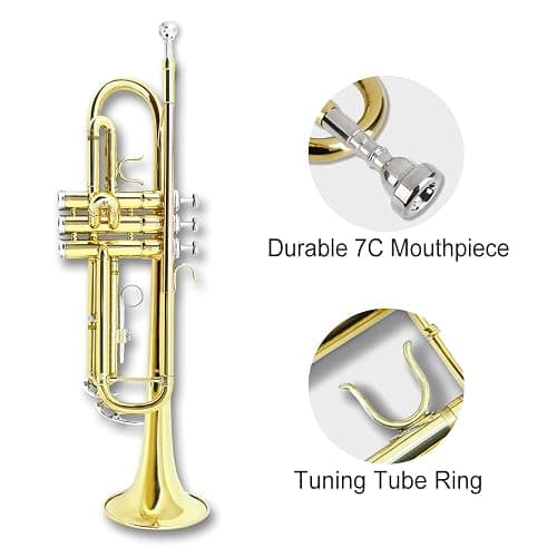 WUQIMUSC Bb Trumpet for Beginners, Standard B Flat Trumpet with 7C Mouthpiece, Hard Case, Gloves & Cleaning Cloth, Student Brass Instrument (Golden) thumbnail 2