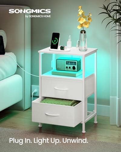 SONGMICS BELLAH Collection - Nightstand with Charging Station and App-Controlled Adjustable LED Lights, Bed Side Table, 2 Drawers and 1 Open Shelf, Modern, Cloud White and Snow White ULGS302WH01S thumbnail 3