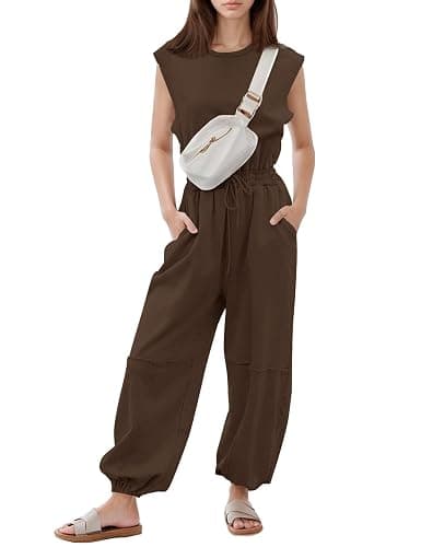 Flygo Womens Casual Jumpsuit Crewneck One Piece Outfits with Pockets | Cap Sleeve, Round Neck, Back Cutout, Drawstring Elastic Waist, Ankle Length, Long Wide Leg Pants, Summer Lounge Travel Outfit - Image 1