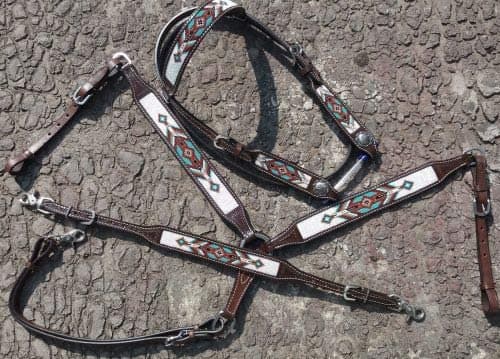 Showman Argentina Cow Leather Headstall & Breast Collar Set w/Teal Navajo Beaded Inlays thumbnail 2