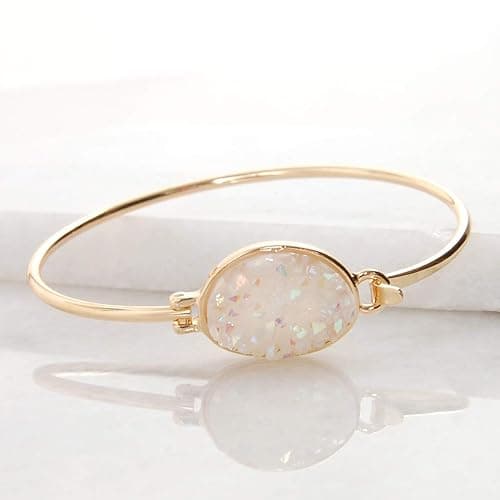 Druzy Cuff Bracelets for Women - Boho Stackable Bangle Bracelet, Plated in Gold, Silver, or Rose Gold Tone with Oval Stone thumbnail 3