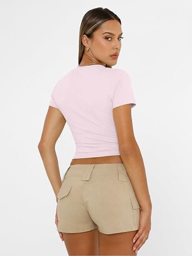 AUTOMET Women's Crew Neck Short Sleeve Basic Stretchy Tight Fitted T-Shirt thumbnail 6