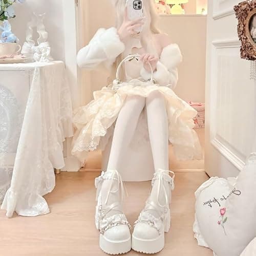 Kawaii Mary Jane Heels for Women Cute Lolita Shoes Chunky Platform Round Toe Bow Cross Strap Lace Buckle Comfy Party Cosplay Shoes thumbnail 9