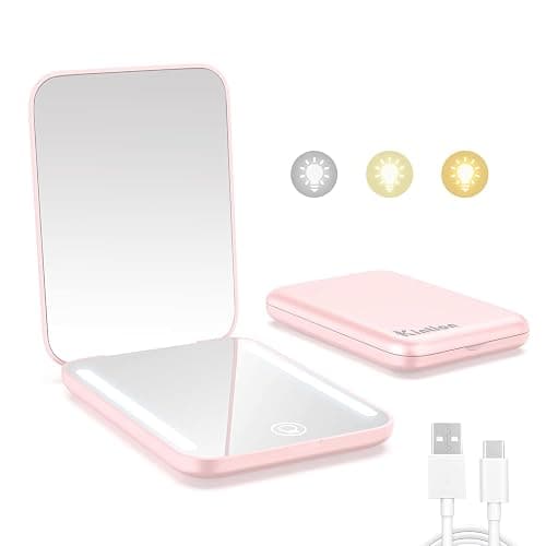 Kintion Rechargeable Pocket Mirror, Double Sided 1X/3X Magnification Compact Vanity Mirror, 3 Color Lights, Dimmable, Small Portable Wallet Mirror, Lighted Travel Mirror for Women Gifts, Pink - Image 1