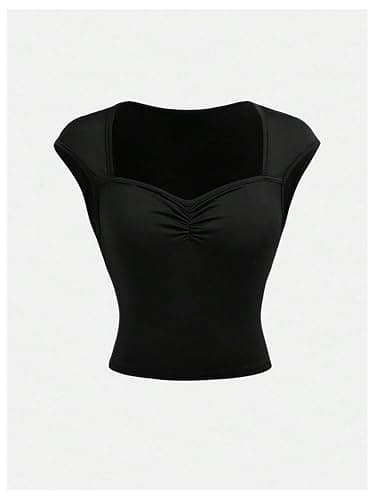 RoseSeek Girl's Ruched Cap Sleeve Tops Sweetheart Neck Slim Fit Cropped T Shirts Cute Summer Clothes thumbnail 3