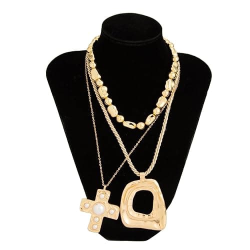 Layered Gold Chunky Cross Necklace For Women Stacked Gold Irregular Geometric Square Pendant Necklace Unique Punk Hip-Hop Oval Hollowed-Out Chain Necklace Fashion Accessories Creative Jewelry For Women thumbnail 4