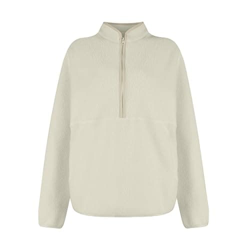 Zip Up Hoodie Women Fuzzy Fleece Womens Half Zip Pullover Soft Warm Cropped Sweatshirt Y2k Fall Winter Sweaters Beige M thumbnail 6