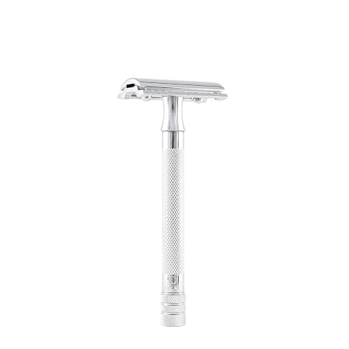 MERKUR 23C Double Edge Safety Razor - Polished Chrome, Long Knurled Brass Handle, Made in Germany, Plastic-Free, Three Piece Design, Closed Comb, Straight Bar thumbnail 12