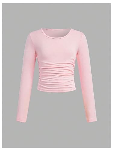 SOLY HUX Girl's 3 Piece T Shirt Crew Neck Long Sleeve Ruched Crop Tops Slim Fit Solid Basic Tee thumbnail 6