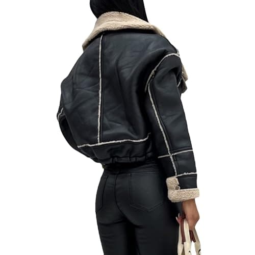 Mtsebmves Women's Faux Shearing Jacket Thick Lined Parka Winter Shearling Coat Leather Jacket Lapel Zipper Jackets thumbnail 3