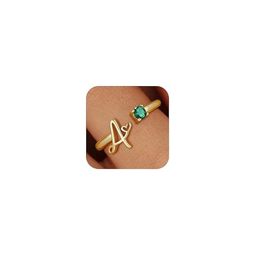 JIAOGE Gold Rings for Women Girls - Non Tarnish Real Gold Plated Initial Ring Adjustable Initial Birthstone Rings for Women Stackable Thumb Pinky Emerald Ring Birthday Bridesmaid Gifts for Women Girls - Image 1