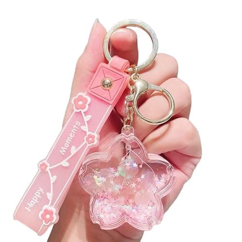 Fishjhan Cute Keychains for Women Girl Kawaii Car Keys Accessories Liquid Flower Water Backpack Keychain - Pink - Image 1
