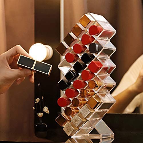 JessLab Lipstick Organizers, Acrylic Holder Lip Gloss Tower Clear Cosmetic Fish Sticks Lip Makeup Storage for Bathroom Vanity Countertop, 28 Slots thumbnail 2