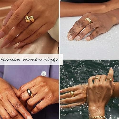 KOHOTA 6PCS Thick Dome Chunky Rings for Women 18K Gold Plated Braided Twisted Signet Ring Big Croissant Ring Minimalist Statement Ring Size 5-9 thumbnail 4