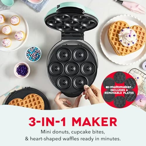 Dash MultiMaker® Treat Maker System - Make Mini Donuts, Cupcakes & Heart-Shaped Waffles - Interchangeable Plate Design - dishwasher safe Parts for Easy Cleanup - Aqua thumbnail 2