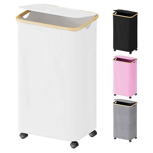 SUOCO Laundry Hamper on Wheels 100L, Clothes Basket with Lid and Bamboo Handles, Foldable Laundry Hamper for Bedroom, Bathroom, Dorm, Laundry Room - White - Image 1