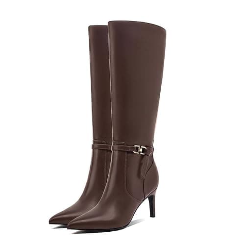 MOTIMODEN Women's Knee High Boots Women Mid Heel Pointed Toe Tall Boots for Women High Heel Side Zipper with Buckle Bow Knots Long Boots for Fall Winter for Fall Winter - 9.5 - Brown-buckle thumbnail 5