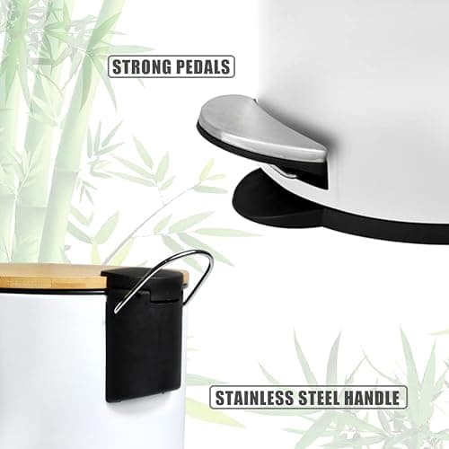 Trash Can with Bamboo Lid Soft Close, 3L Mini Pedal Bin, Round Garbage Can with Inner Bucket for Bathroom, Bedroom, Powder Room, Office, Desk, Car (White) thumbnail 6