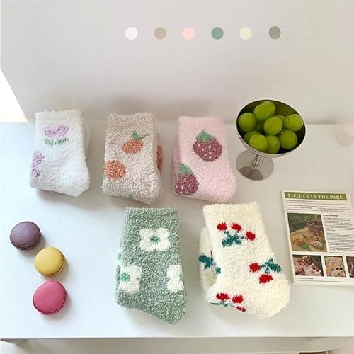 Kelabia 5 Pair Cute Floral Fuzzy Socks, Women Fluffy Slippers, Cottagecore Winter Thick Cozy Vintage Long Socks thumbnail 3
