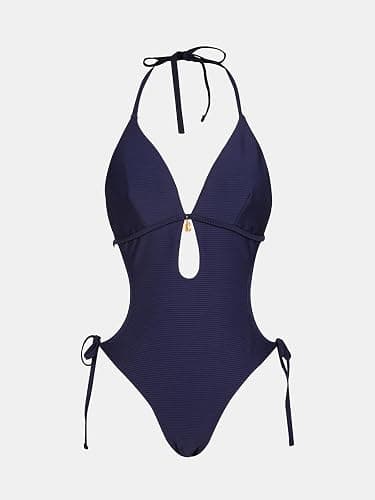 CUPSHE Women's One Piece Swimsuit Bathing Suit Halter Cutout Pluning Neck Backless Self Tie Textured thumbnail 4