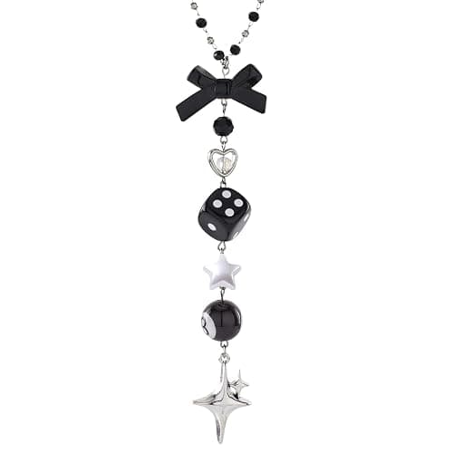 LuneClat Black Bow Car Mirror Chain Y2k 8 Ball Star Beaded Hanging Charm | Y2k Aesthetic Hanging Charm With 8 Ball And Star Pendant. Beaded Car Rearview Mirror Chain. Cute Car Interior Decor - Image 1