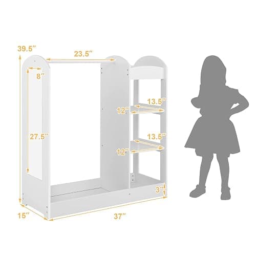 Costzon Kids Dress up Storage with Mirror, Clothes Rack, 3-Tier Shelves, Bottom Tray, Pretend Play Costume Dresser Organizer Center, Open Hanging Armoire Closet for Little Girls (White) thumbnail 3