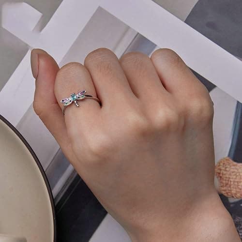 Cute Dragonfly Adjustable Ring 925 Sterling Silver Colorful Cubic Zirconia Stackable Open Finger Band Rings Promise Statement Daughter Birthday Valentine's Day Jewelry Gifts for Women Girlfriend thumbnail 6