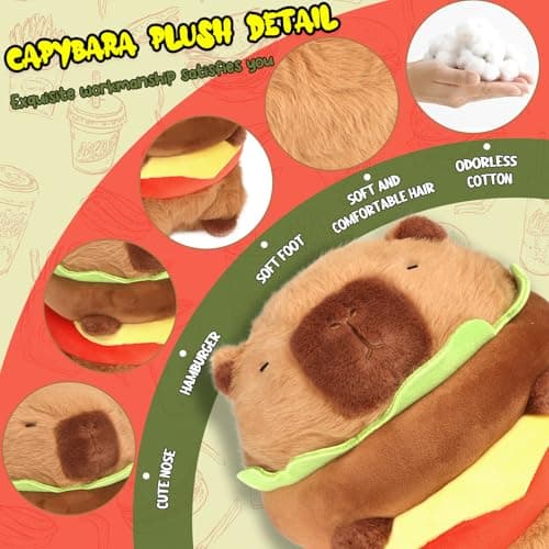 RHHSSE Hamburger Capybara Plush, Capybara Stuffed Animal - Cute Stuffed Animal with Stable Mood Vibe, Funny Food - Themed Companion for Kids & Adults (9.5 inch) thumbnail 3