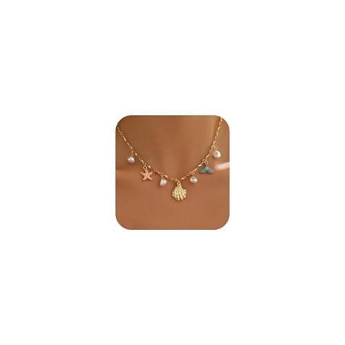Shell Starfish Necklace for Women, 14k Gold Plated Boho Layered Beaded Charm Pendant Necklace, Dainty Adjustable Pearl Conch Summer Beach Vacation Jewelry Gifts - Image 1