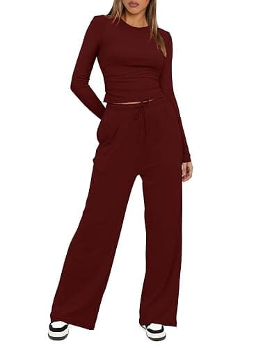 Darong Women's 2 Piece Outfits Lounge Sets 2025 Long Sleeve Crop Tops Wide Leg Pants Casual Matching Set thumbnail 3