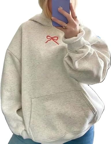 Embroidery Hoodies Women Cute Bowknot Graphic Preppy Pullover for Teen Girl Oversized Long Sleeve Hood Sweatshirt - Image 1