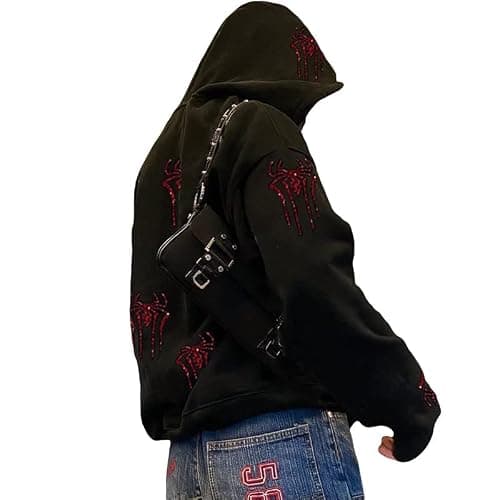 CEINOM Rhinestones Red Spider Y2k Hoodie Men Women Full Zip Up Hoodie Oversized Jacket Black Gothic Punk Sweatshirts thumbnail 5