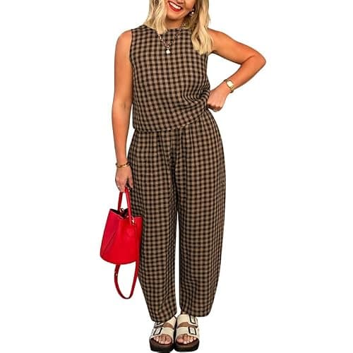 Melliflo Gingham Sets Women 2 Piece Outfits Sleeveless Plaid Loungewear Checkered Crop Tanks and Pant Sets with Pockets - Image 1